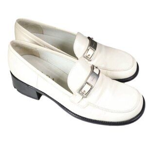 Prada Women's Off-White Leather Loafers Heels Silver Buckle  Size 37.5/US 7